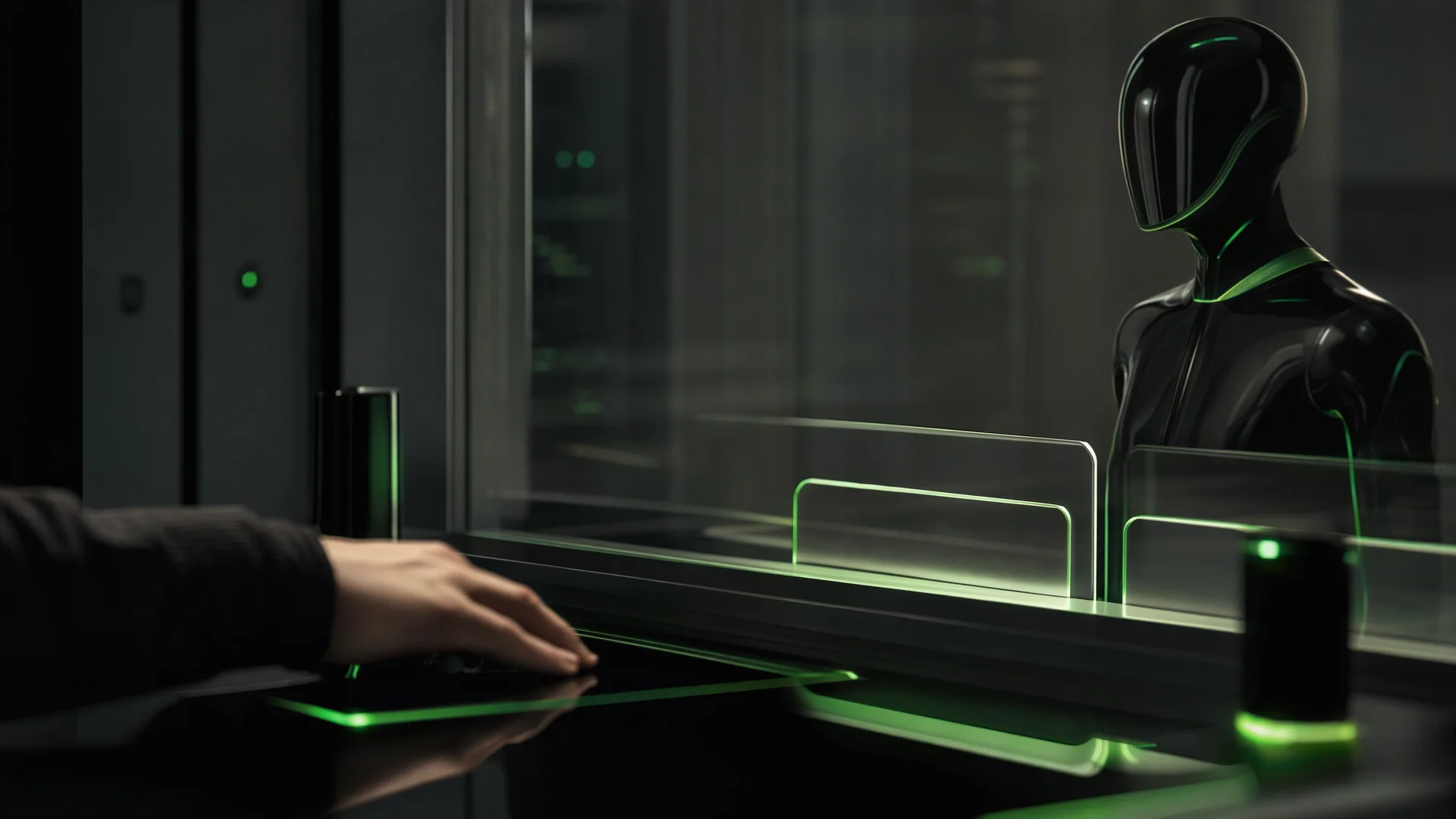 Premium landscape scene of human handoff controls beside an autonomous AI system