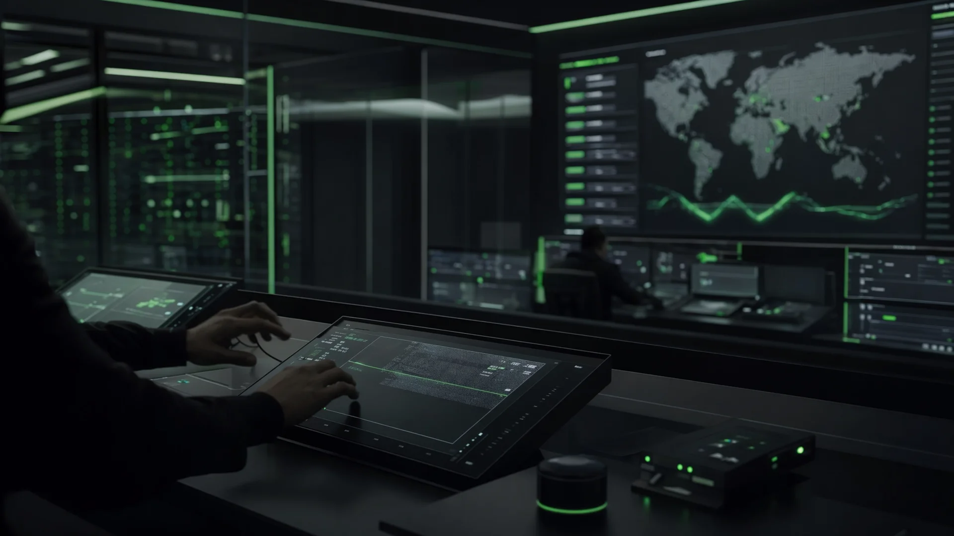 Premium landscape scene of an AI incident response command center