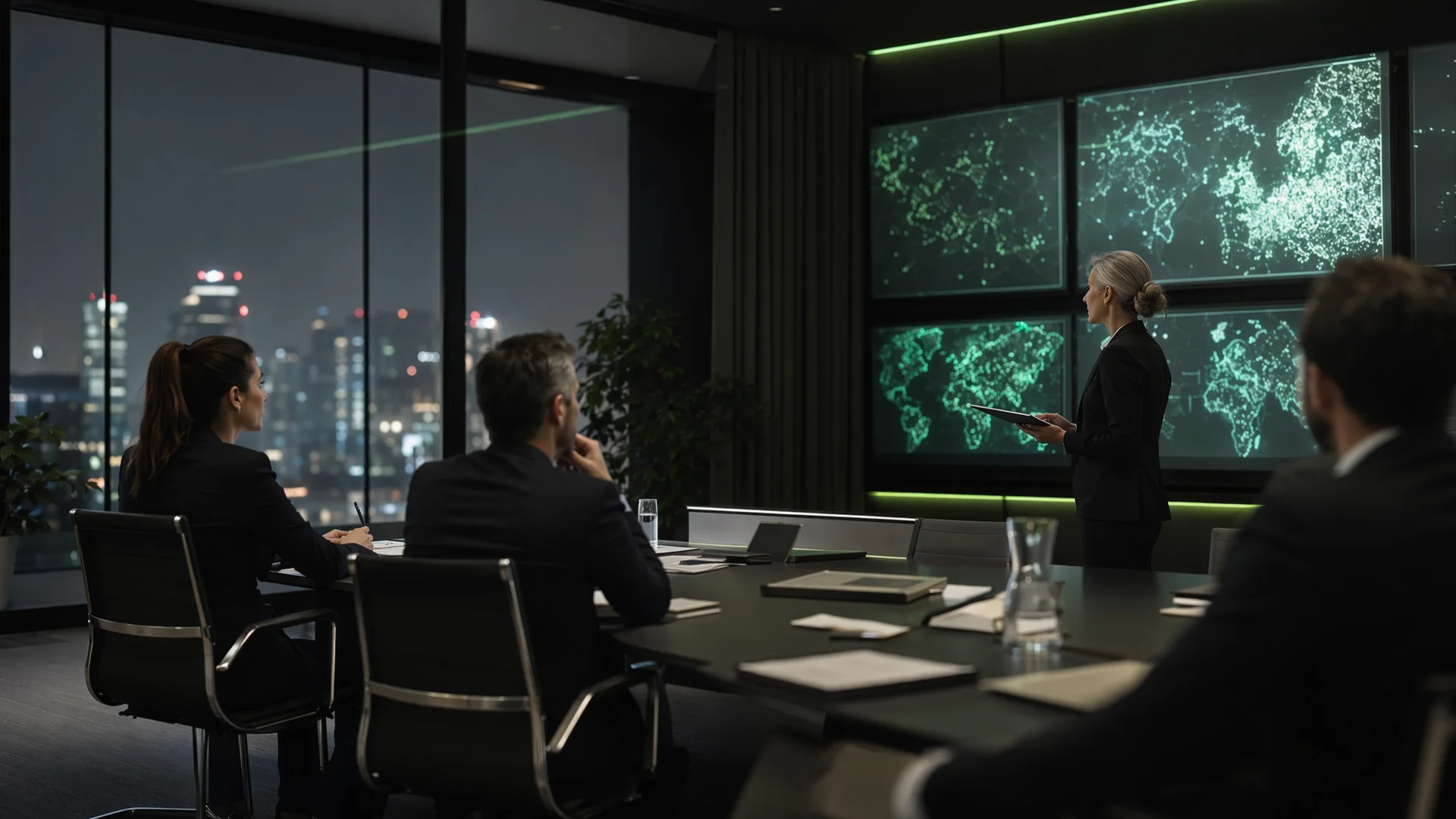 Premium landscape scene of a regulatory readiness map over dark city lights