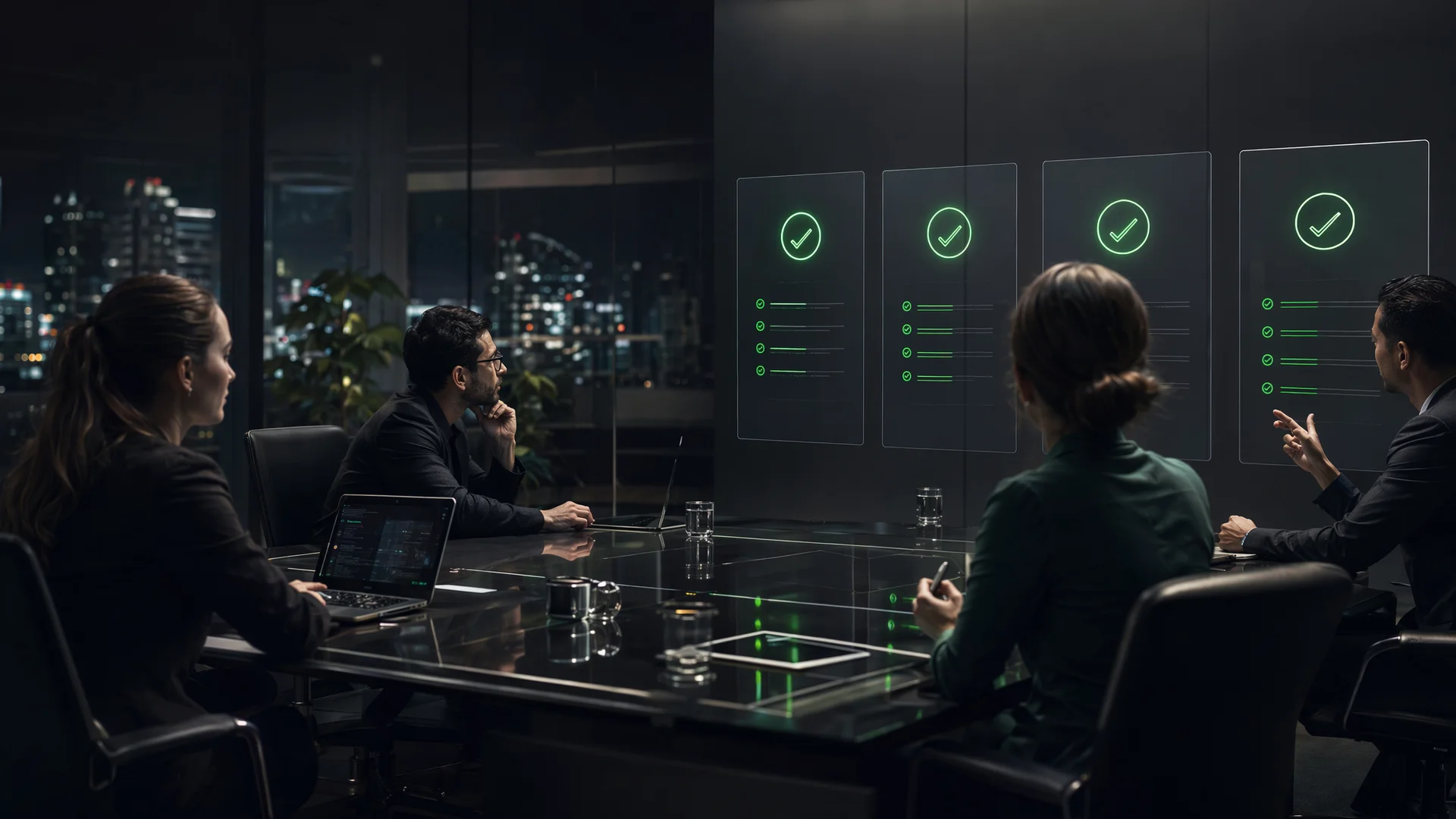 Premium landscape scene of glass AI governance checklist panels in a dark control room