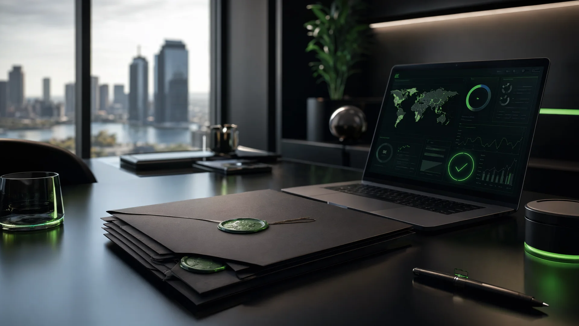Premium landscape scene of an AI procurement review desk with contracts and evidence